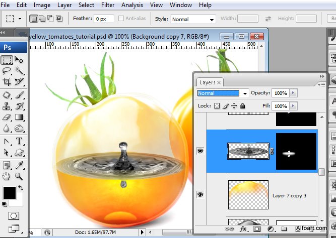 Shiny glass yellow tomatoes with colorfull liquid inside and splashing effect.Create realistic glossy glass tomatoes with liquid in them, make reflections and shadows